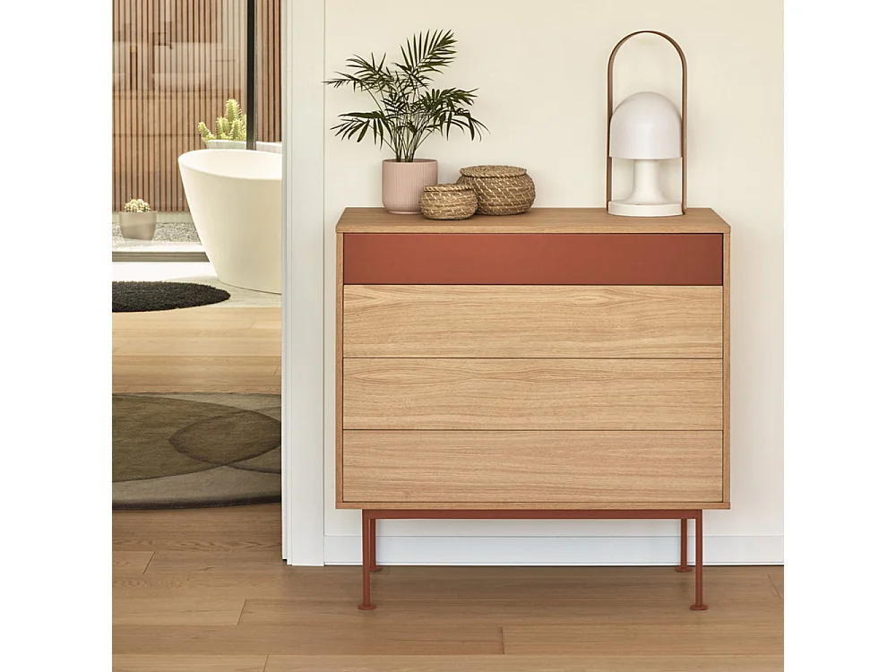 Yoko - Commode 4 tiroirs en bois L90xH45cm - Rouge brique