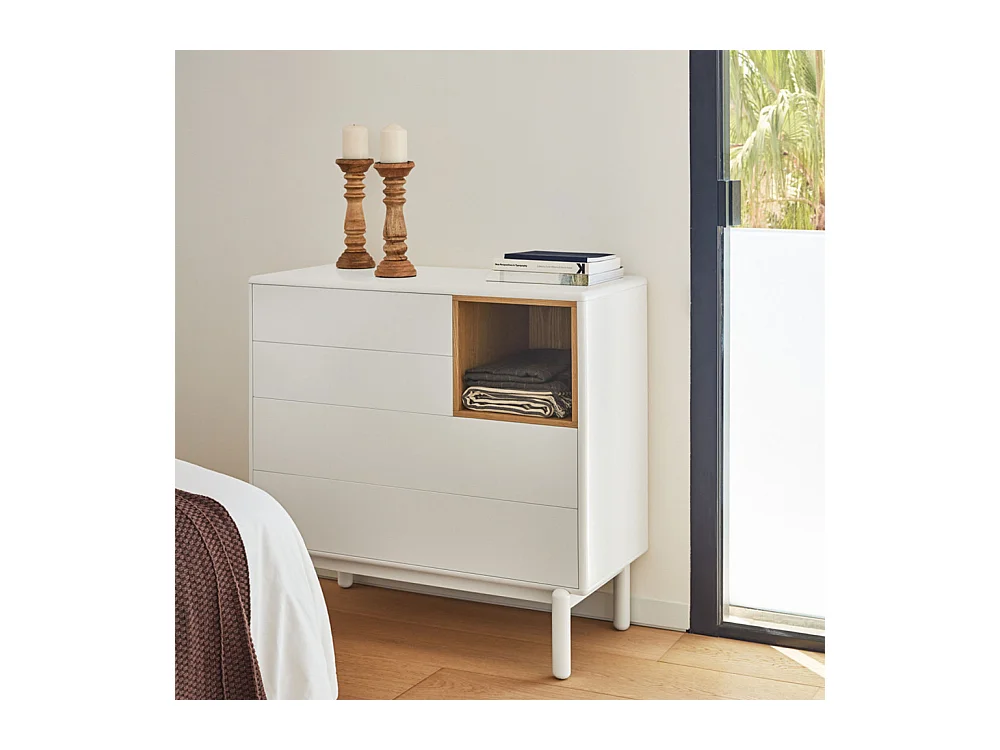 Corvo - Commode 4 tiroirs 1 niche en bois L90xH90cm - Blanc