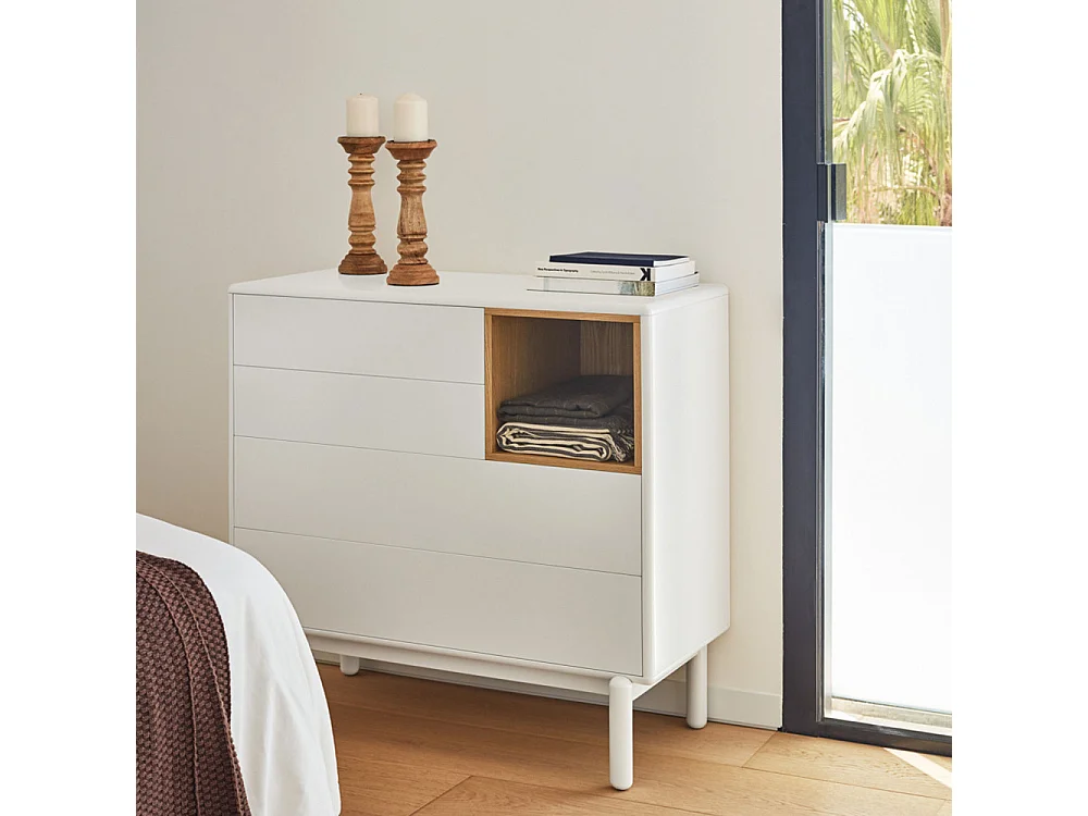 Corvo - Commode 4 tiroirs 1 niche en bois L90xH90cm - Blanc