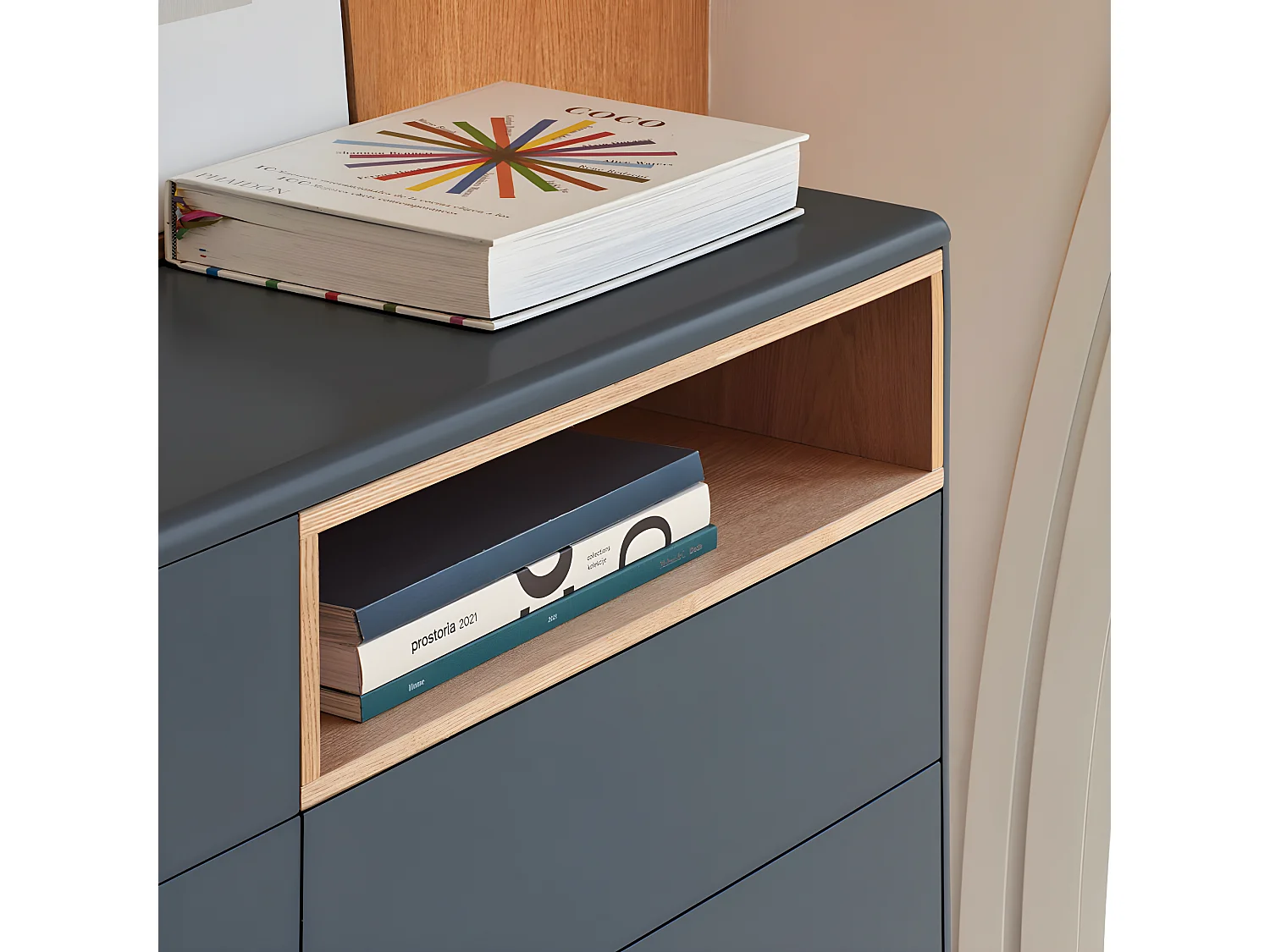 Corvo - Commode 7 tiroirs 1 niche en bois L120xH90cm - Gris anthracite