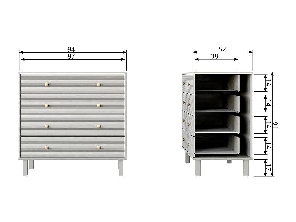 Madu - Commode 4 tiroirs en bois L94cm - Gris clair