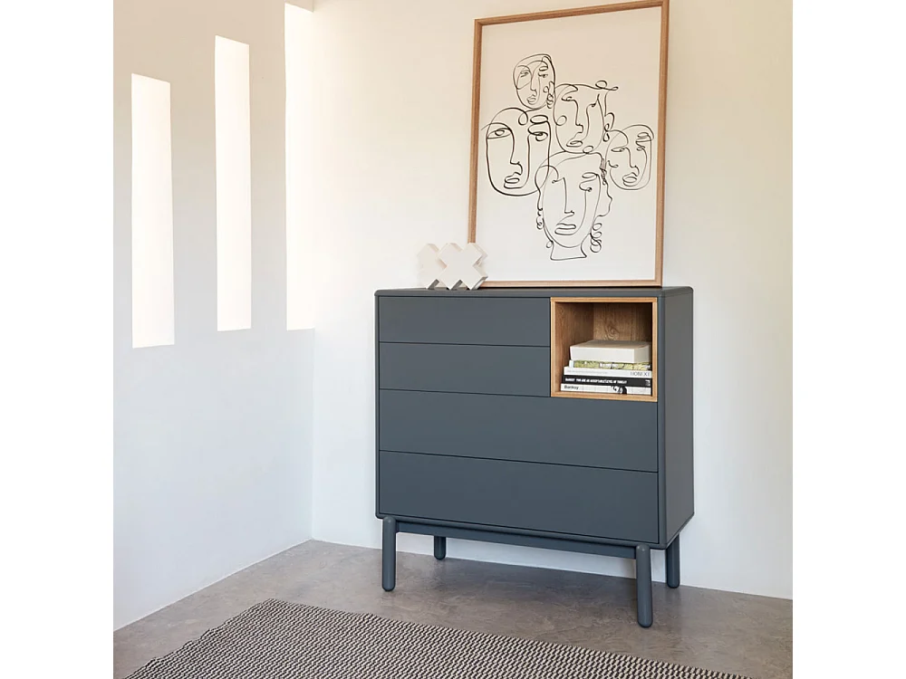Corvo - Commode 4 tiroirs 1 niche en bois L90xH90cm - Gris anthracite