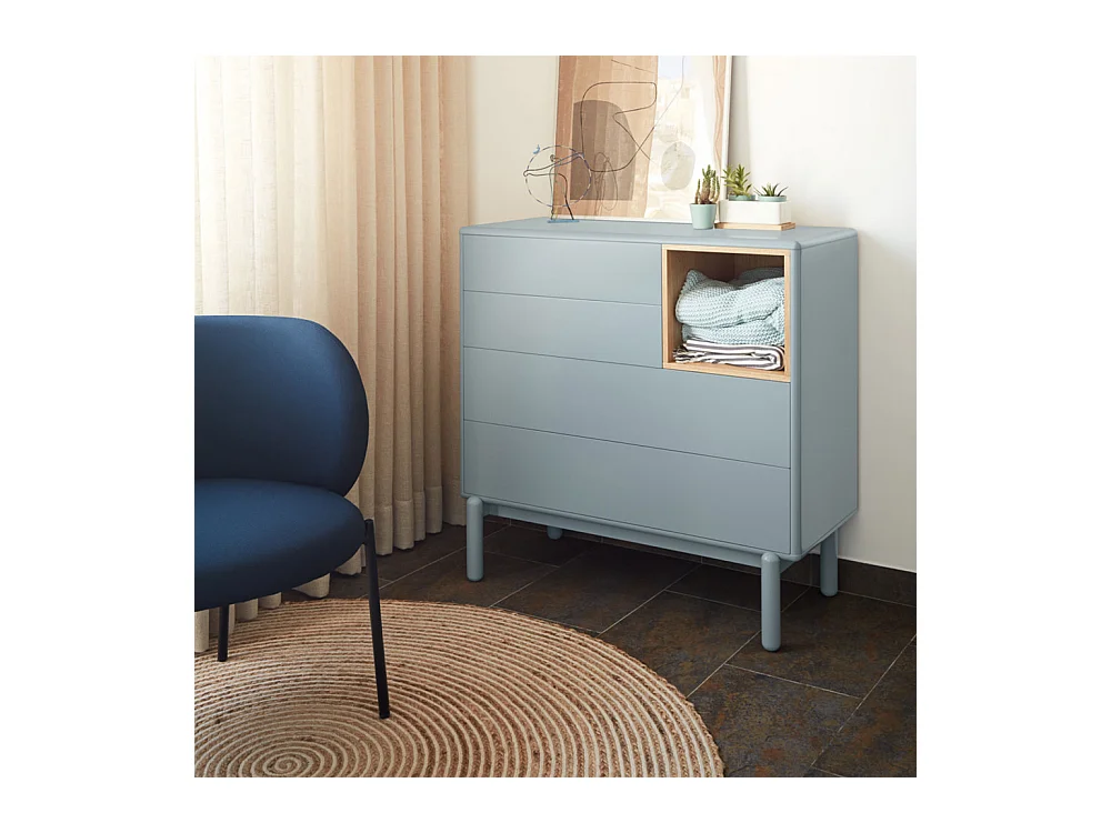Corvo - Commode 4 tiroirs 1 niche en bois L90xH90cm - Gris clair
