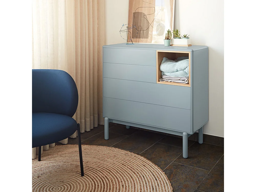 Corvo - Commode 4 tiroirs 1 niche en bois L90xH90cm - Gris clair