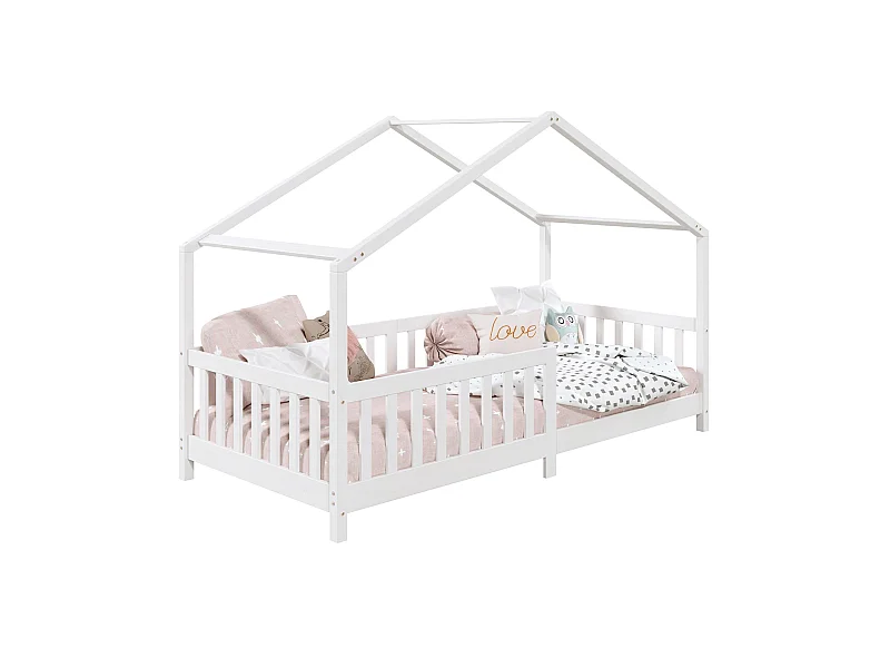 Lit cabane enfant 90x190 cm LISAN lit Simple montessori avec Barrières de Protection en Bois Massif lasuré blanc