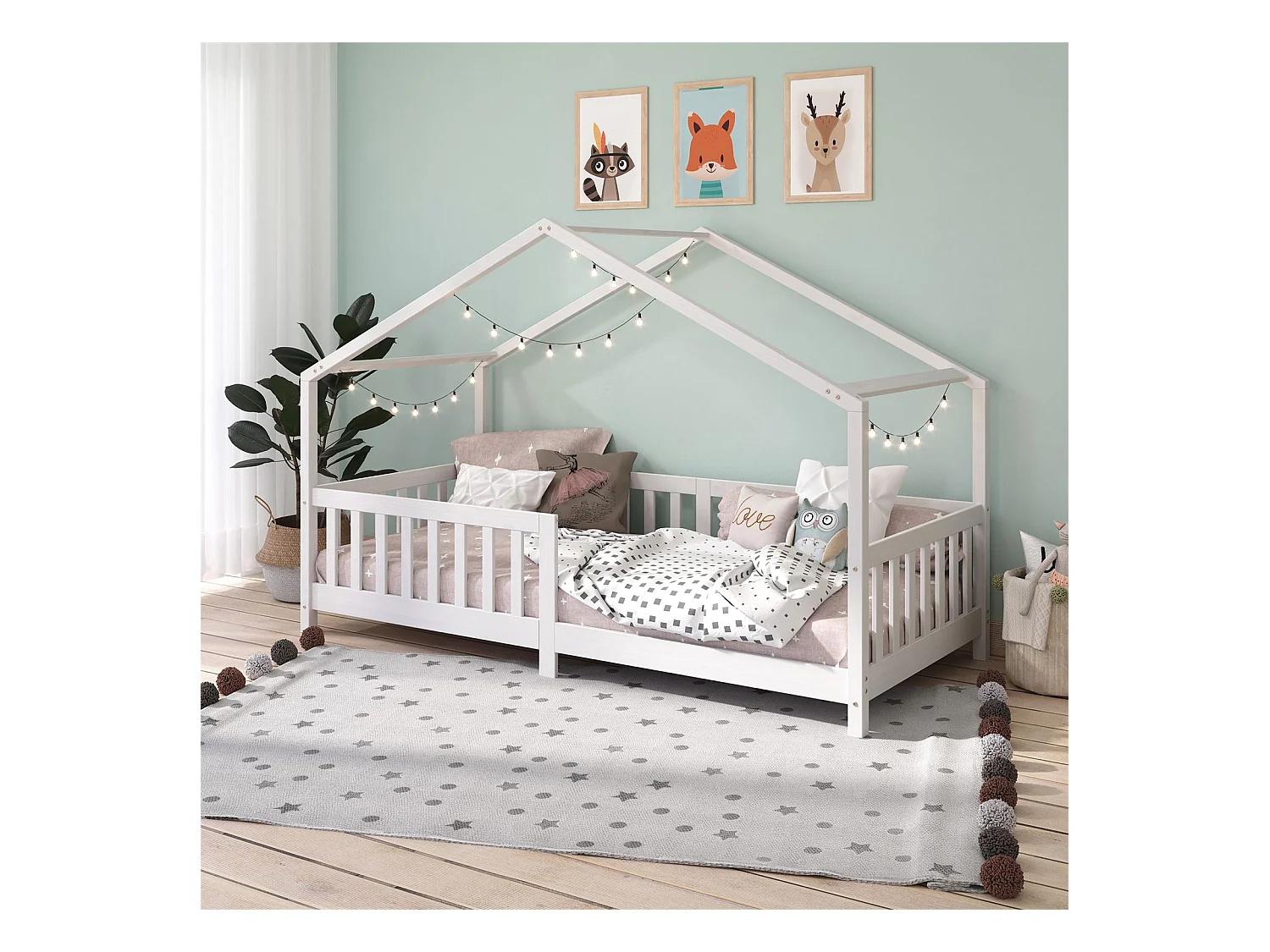 Lit cabane enfant 90x190 cm LISAN lit Simple montessori avec Barrières de Protection en Bois Massif lasuré blanc