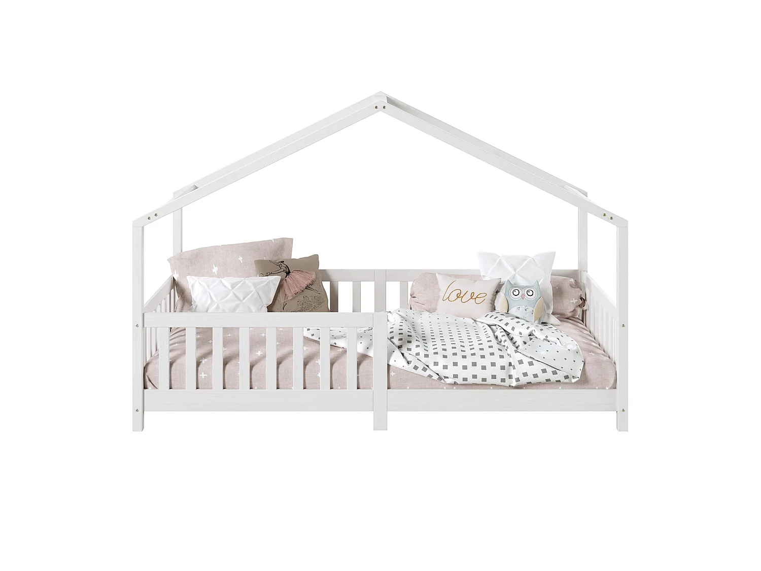 Lit cabane enfant 90x190 cm LISAN lit Simple montessori avec Barrières de Protection en Bois Massif lasuré blanc