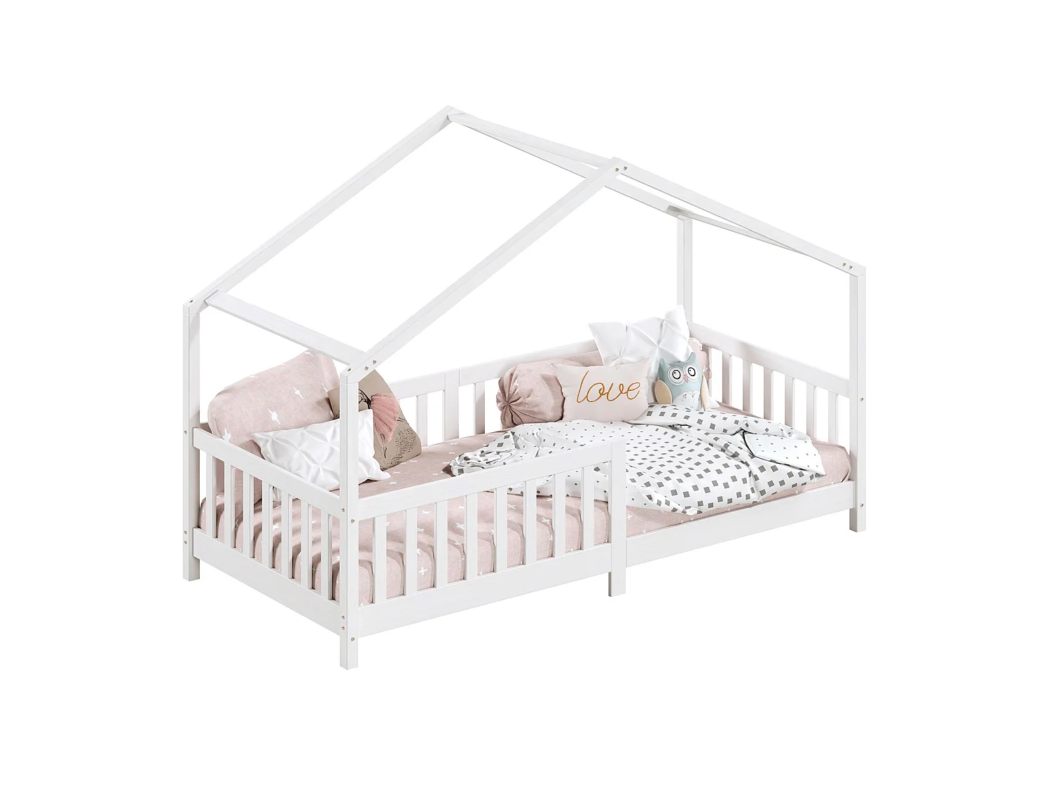Lit cabane enfant 90x190 cm LISAN lit Simple montessori avec Barrières de Protection en Bois Massif lasuré blanc