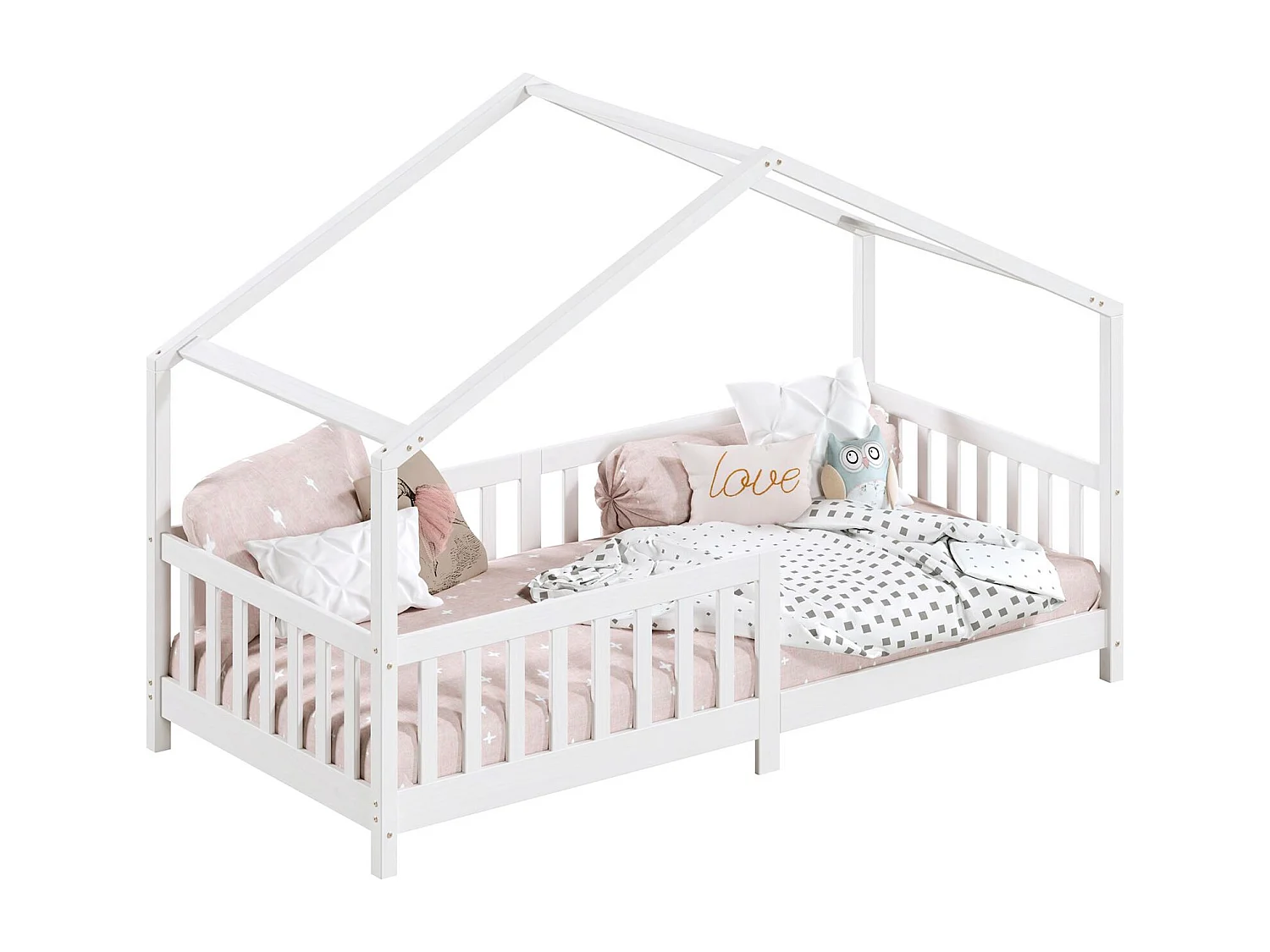 Lit cabane enfant 90x190 cm LISAN lit Simple montessori avec Barrières de Protection en Bois Massif lasuré blanc