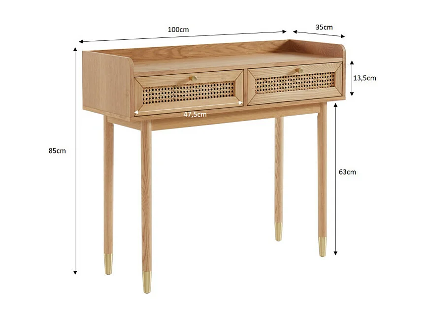 Bombong - Console 2 tiroirs en bois et cannage L100cm - Bois clair
