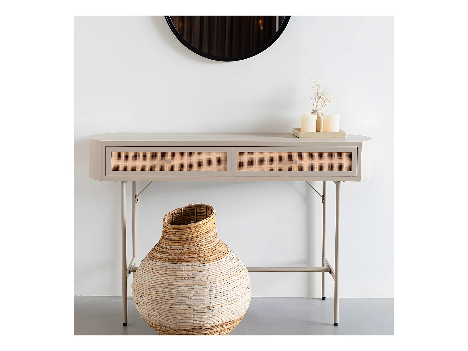 Amaya - Console 2 tiroirs en bois et métal : Couleur - Beige