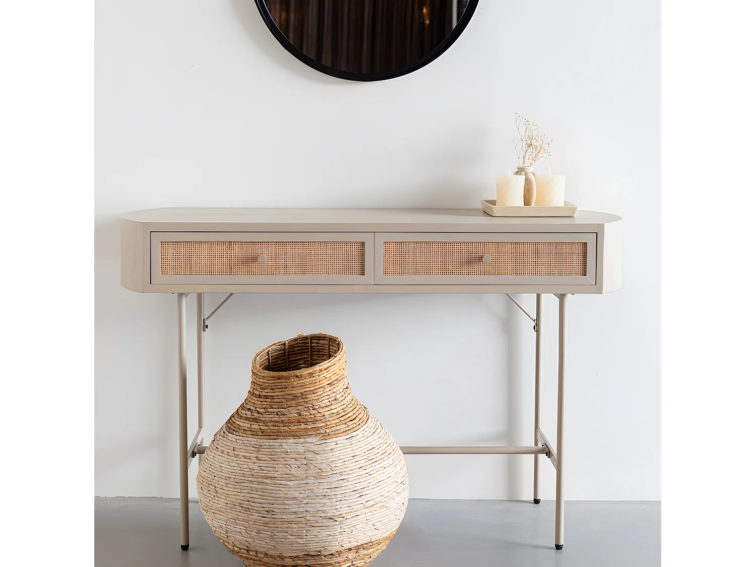 Amaya - Console 2 tiroirs en bois et métal : Couleur - Beige