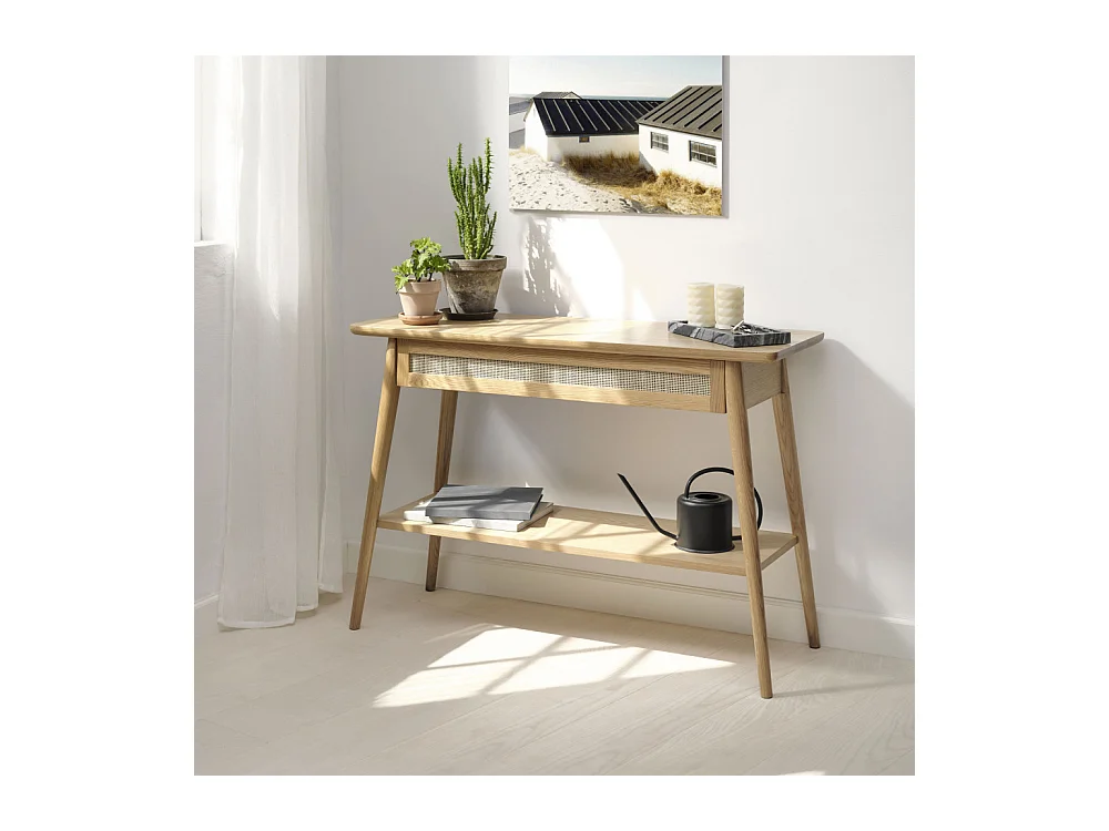 Kiyo - Console 1 tiroir en bois et cannage L110cm - Bois clair
