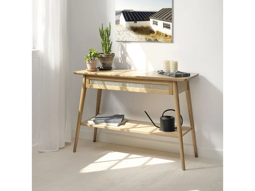 Kiyo - Console 1 tiroir en bois et cannage L110cm - Bois clair