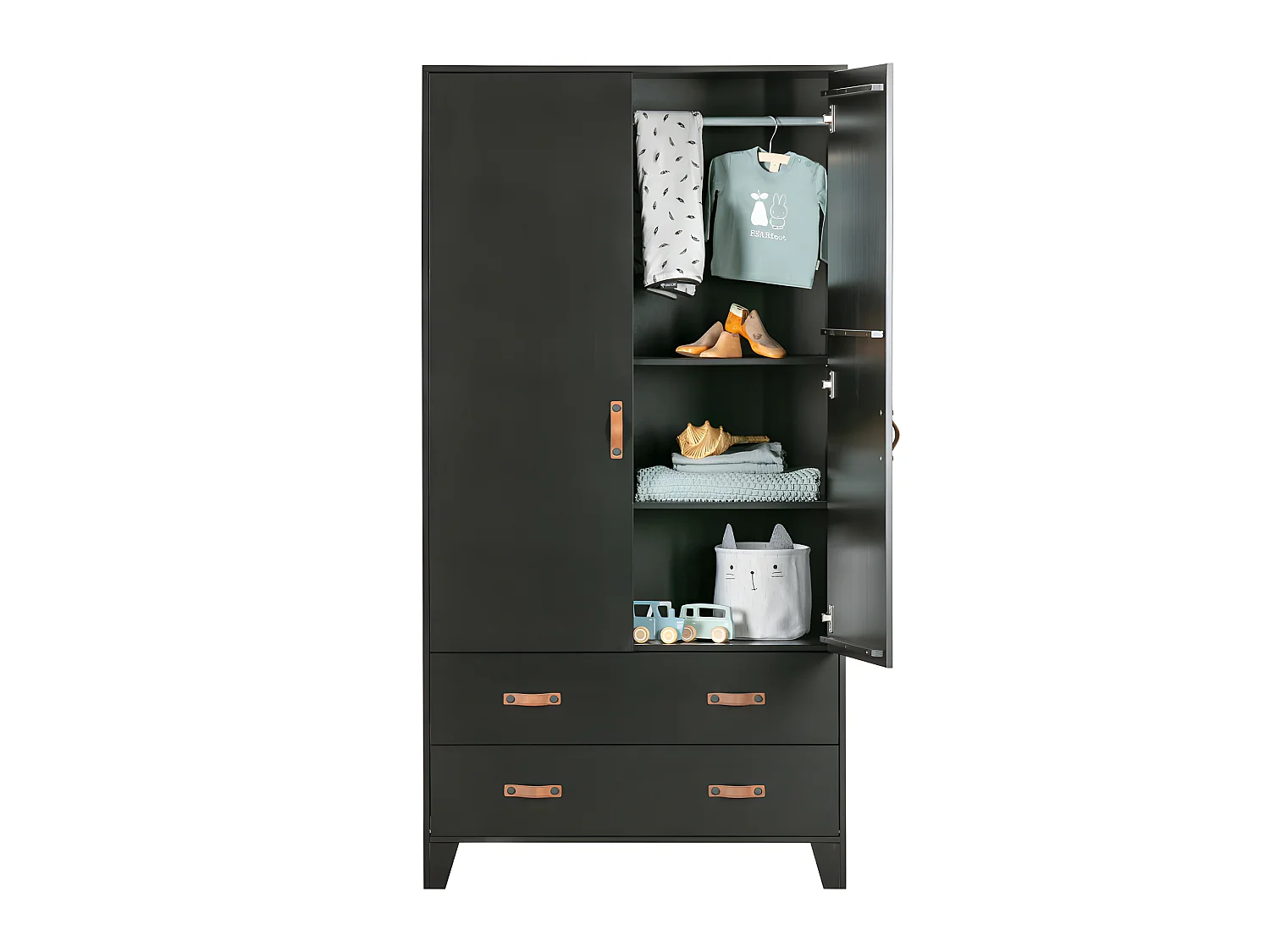 Dian - Armoire vestiaire pour enfant 2 portes 2 tiroirs - Noir