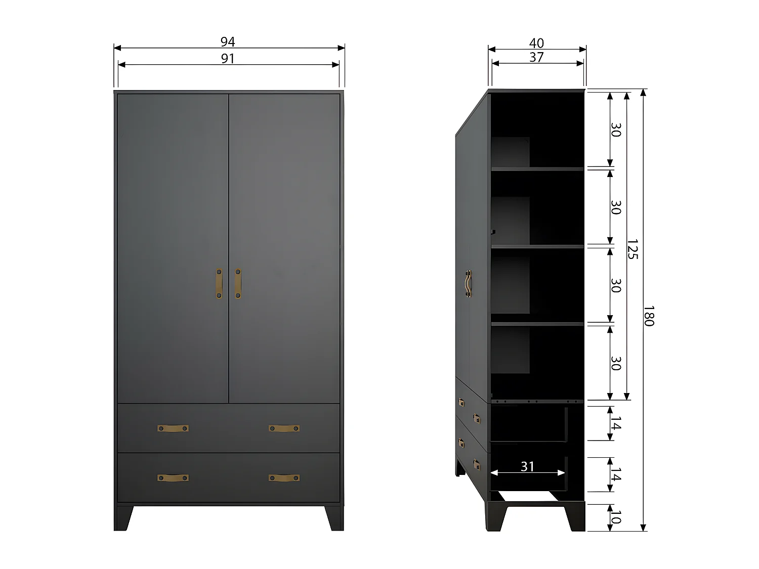 Dian - Armoire vestiaire pour enfant 2 portes 2 tiroirs - Noir