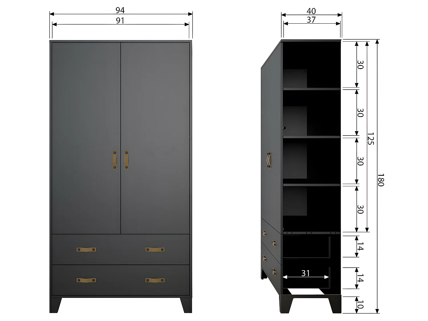 Dian - Armoire vestiaire pour enfant 2 portes 2 tiroirs - Noir