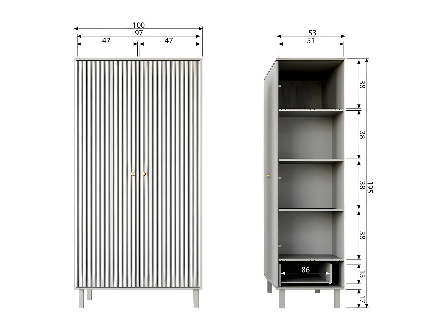 Madu - Armoire 2 portes 1 tiroir en bois H195cm - Gris clair