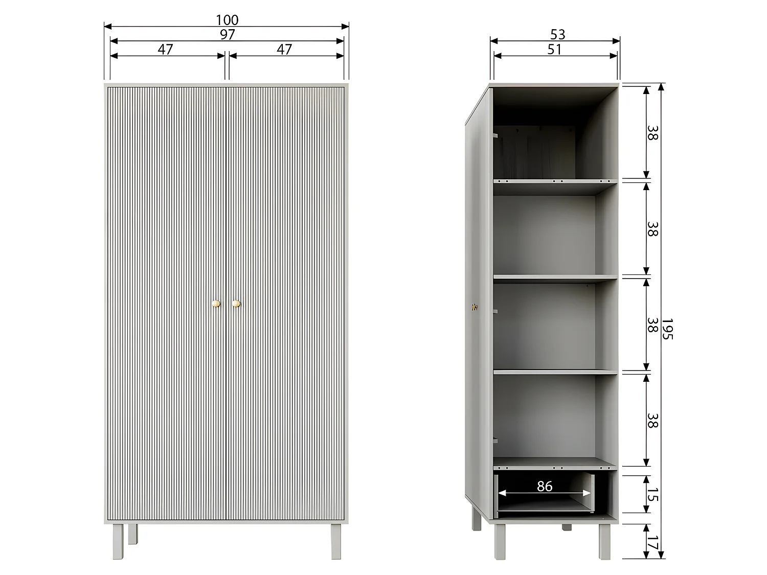 Madu - Armoire 2 portes 1 tiroir en bois H195cm - Gris clair