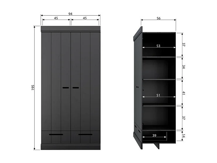 Connect - Armoire en pin 2 portes 2 tiroirs - Noir