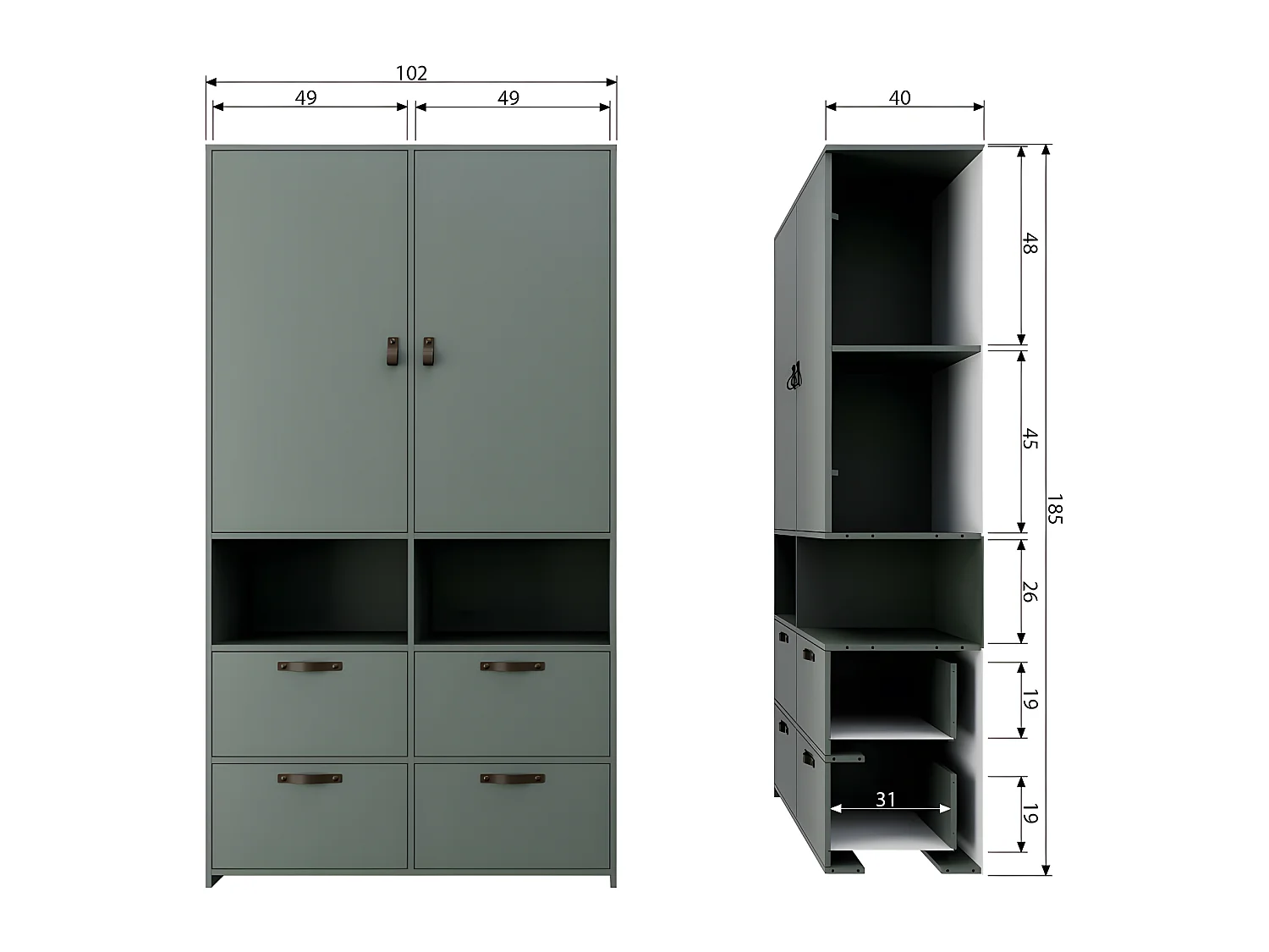 Stage - Armoire 2 portes 4 tiroirs en bois - Vert kaki