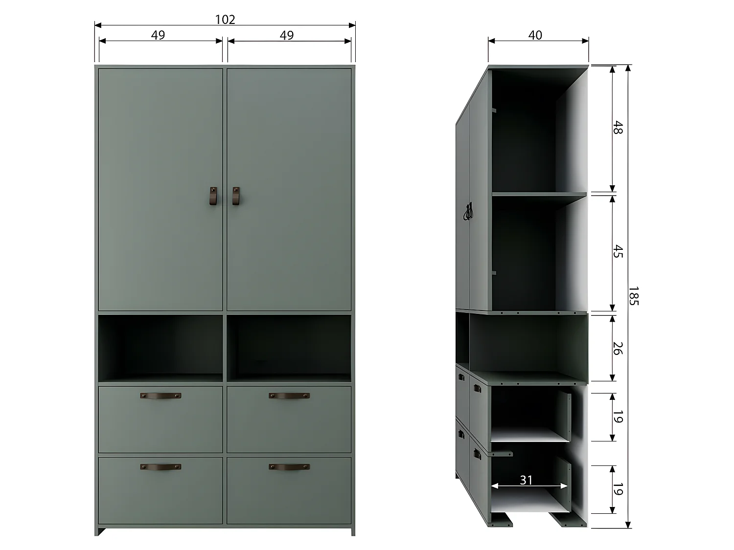 Stage - Armoire 2 portes 4 tiroirs en bois - Vert kaki