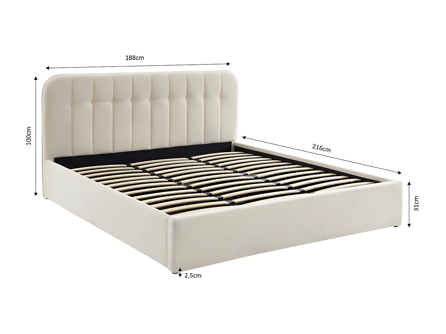 Torgo - Lit coffre matelassé en tissu bouclette 180x200cm - Ecru