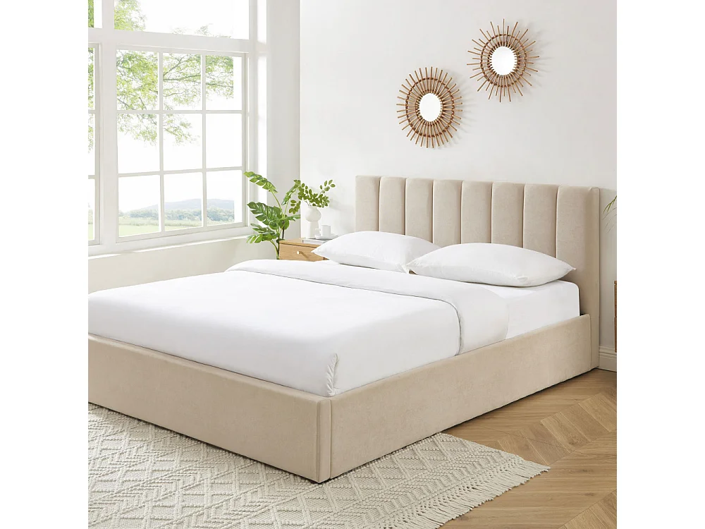 Billie - Lit coffre matelassé en tissu 160x200cm - Beige