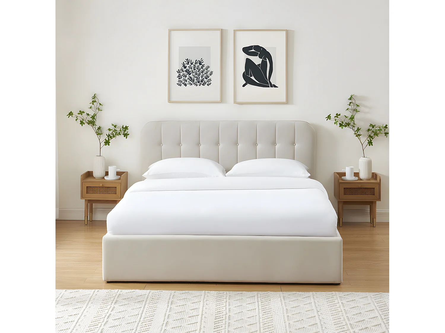 Torgo - Lit coffre matelassé en velours 160x200cm - Beige