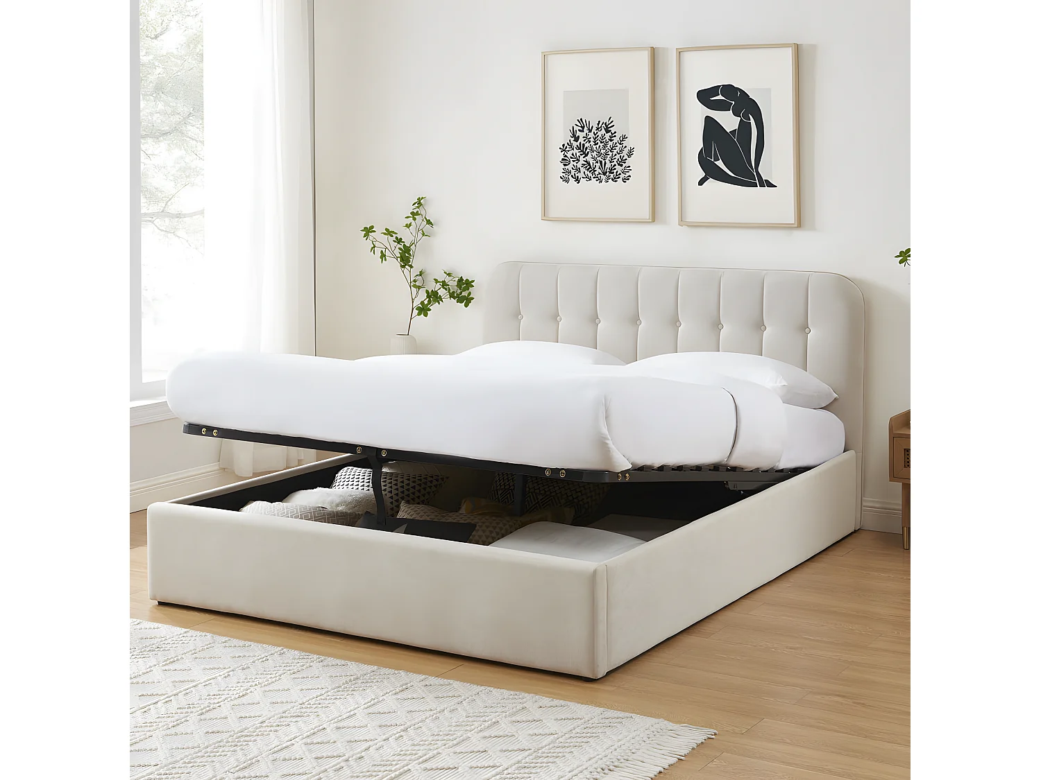 Torgo - Lit coffre matelassé en velours 160x200cm - Beige