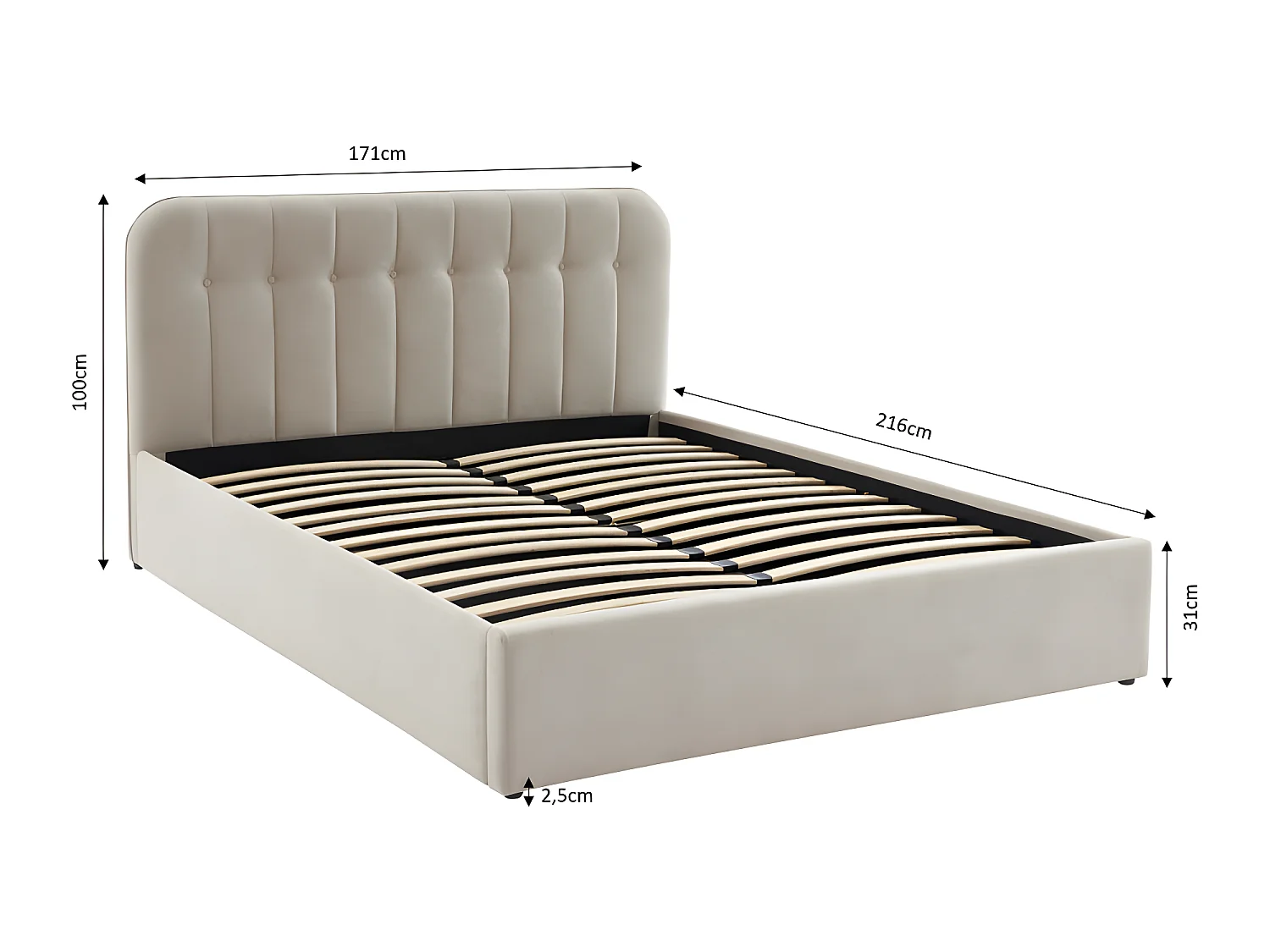 Torgo - Lit coffre matelassé en velours 160x200cm - Beige