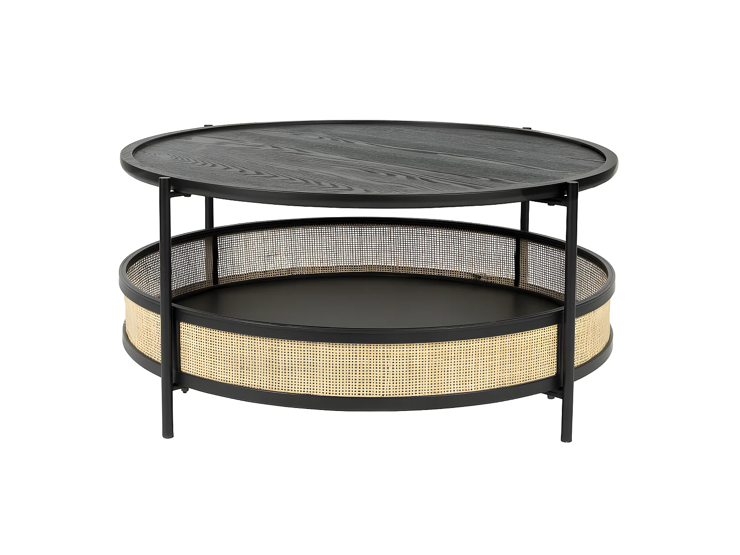 Makoto - Table basse ronde en bois et cannage ø80cm - Noir