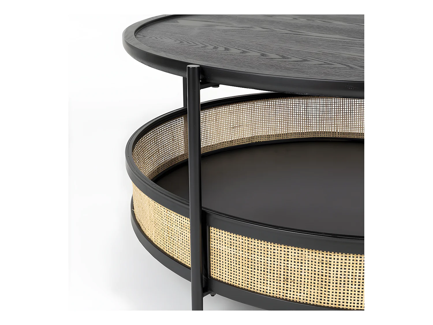 Makoto - Table basse ronde en bois et cannage ø80cm - Noir