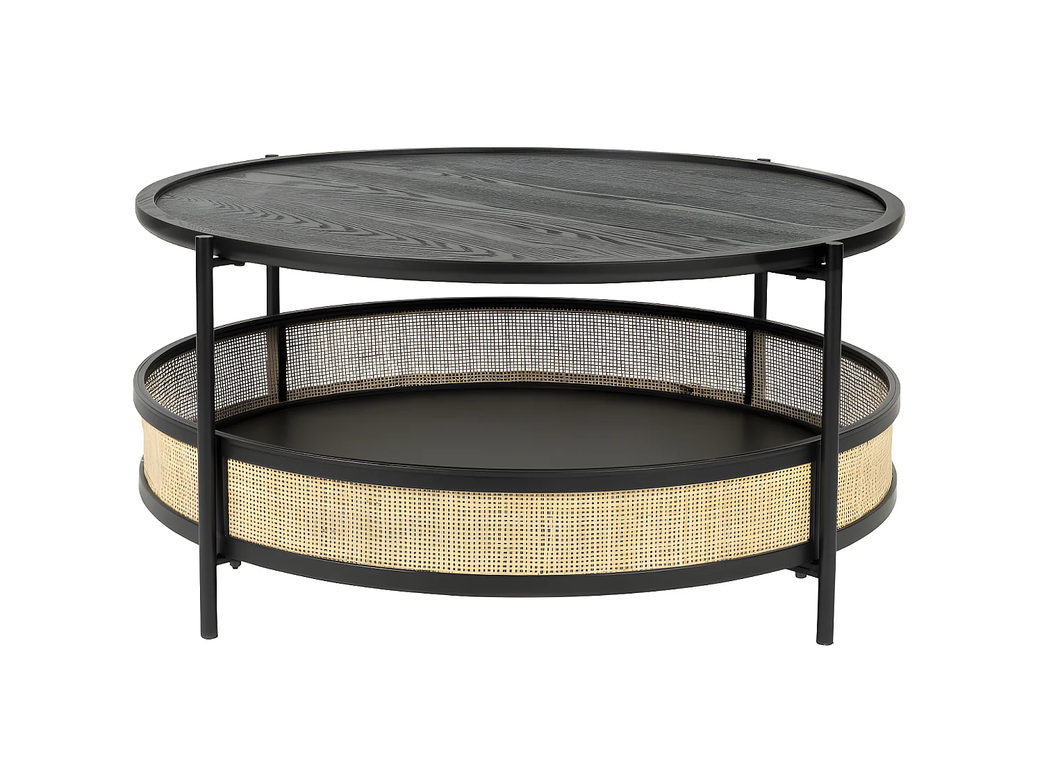 Makoto - Table basse ronde en bois et cannage ø80cm - Noir