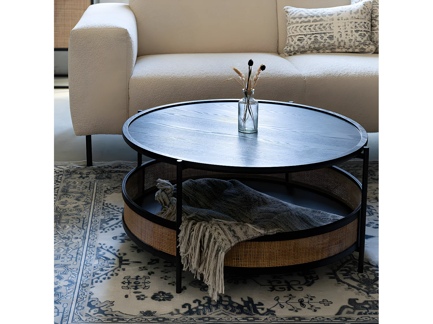 Makoto - Table basse ronde en bois et cannage ø80cm - Noir