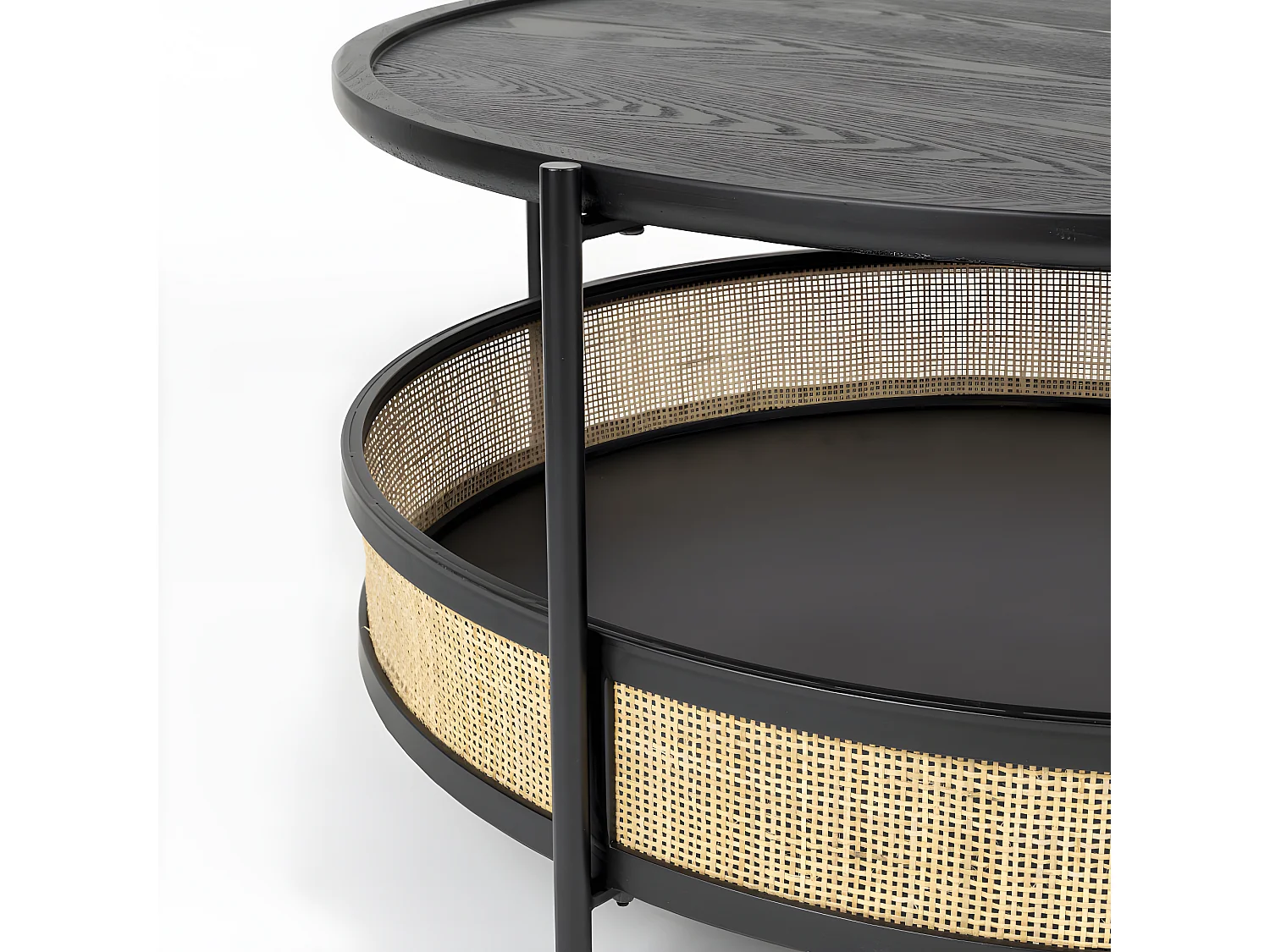 Makoto - Table basse ronde en bois et cannage ø80cm - Noir