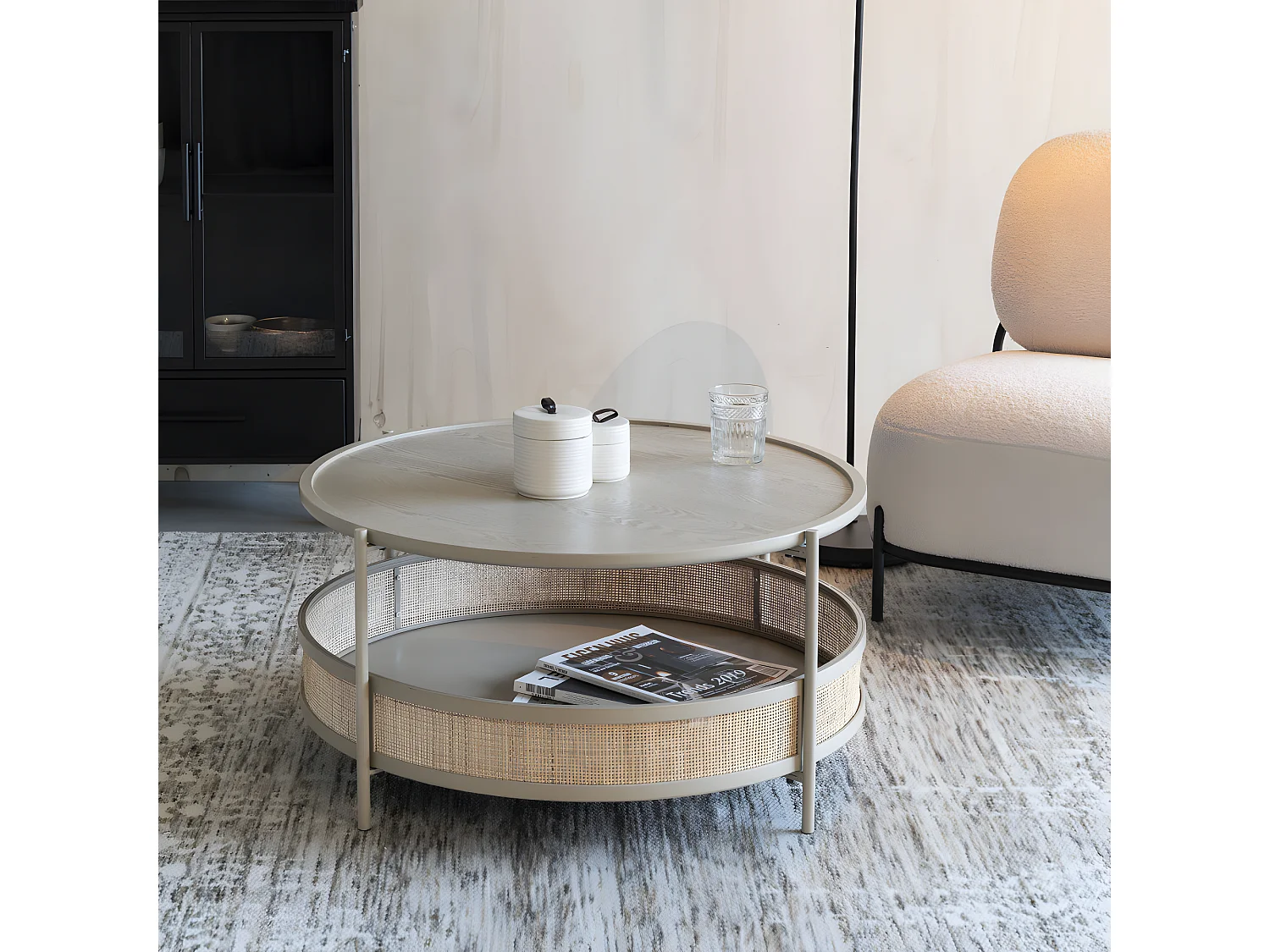 Makoto - Table basse ronde en bois et cannage ø80cm - Naturel