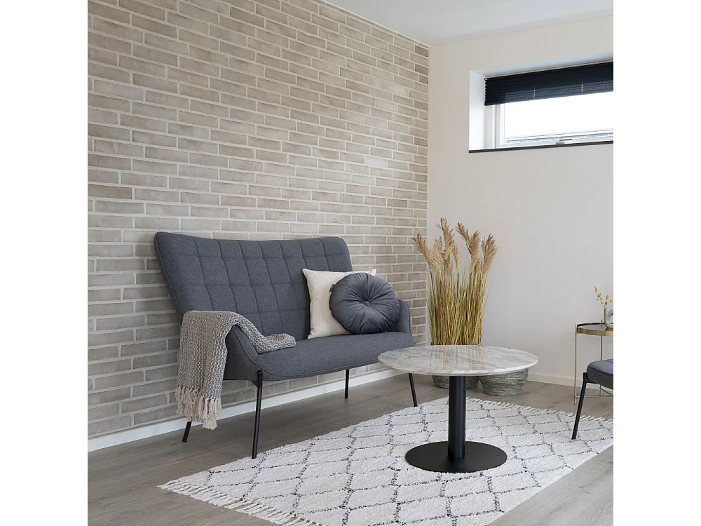 Bologna Couchtisch Ø70 cm Marmoroptik, schwarze Beine, weiß.