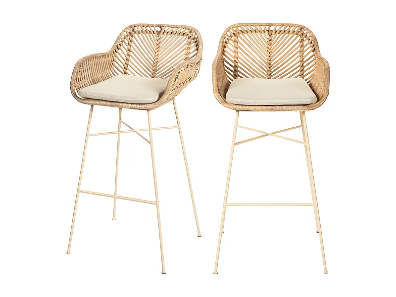 Nunuhai - Lot de 2 tabourets de bar en rotin pieds beiges 76cm - Beige