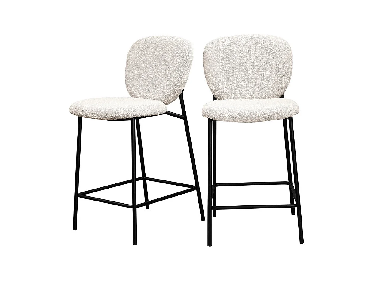 DALBY - Lot de 2 tabourets de bar en tissu bouclette et métal H65cm - Écru