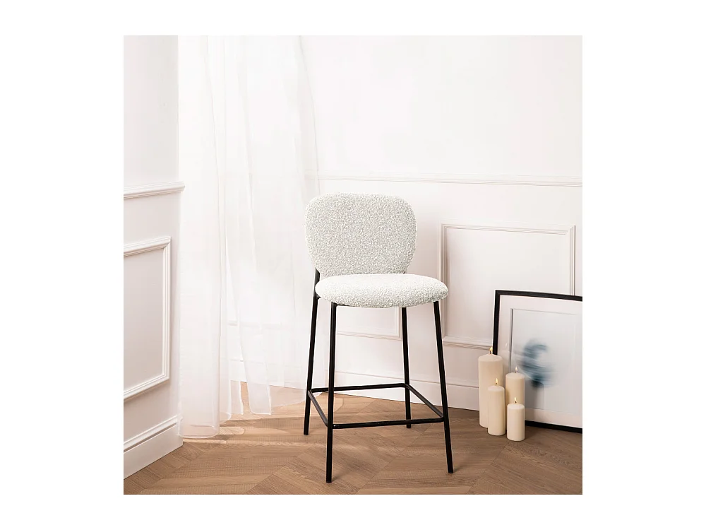 DALBY - Lot de 2 tabourets de bar en tissu bouclette et métal H65cm - Écru