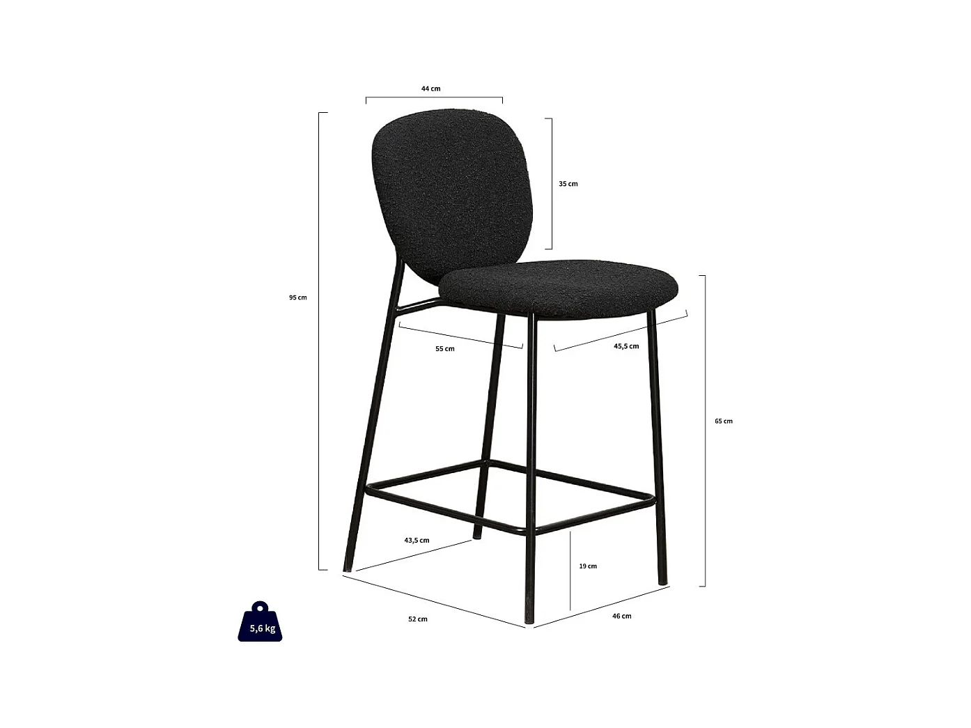 DALBY - Lot de 2 tabourets de bar en tissu bouclette et métal H65cm - Écru