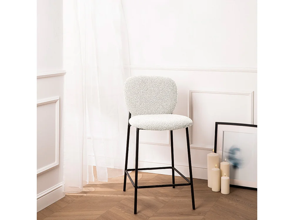 DALBY - Lot de 2 tabourets de bar en tissu bouclette et métal H65cm - Écru