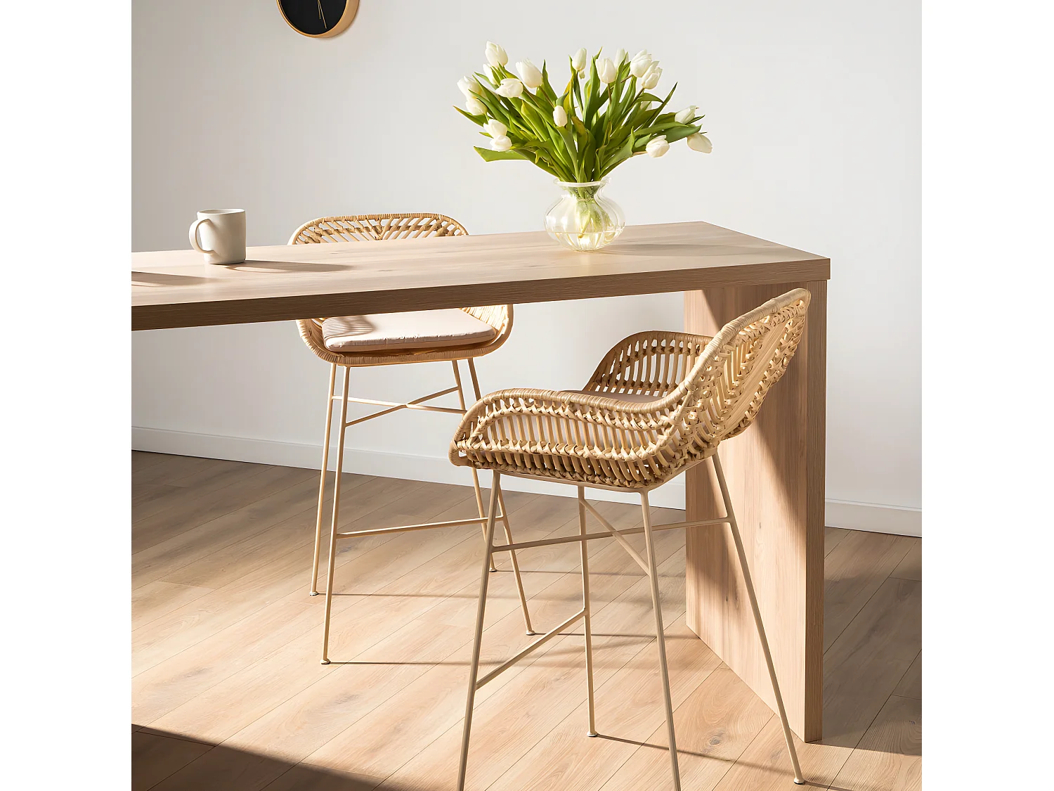 Nunuhai - Lot de 2 tabourets de bar en rotin pieds beiges H68cm - Naturel