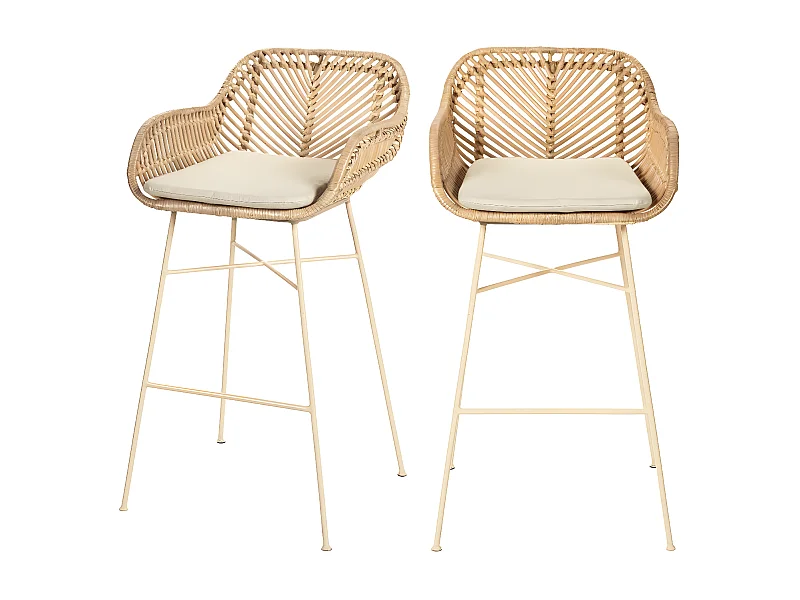 Nunuhai - Lot de 2 tabourets de bar en rotin pieds beiges H68cm - Naturel