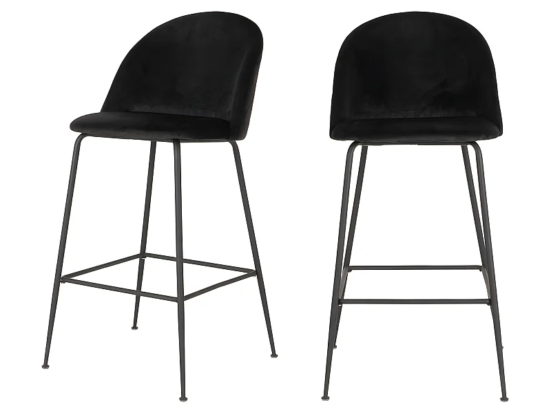 Lausanne - Lot de 2 chaises de bar en velours et métal H77cm - Noir