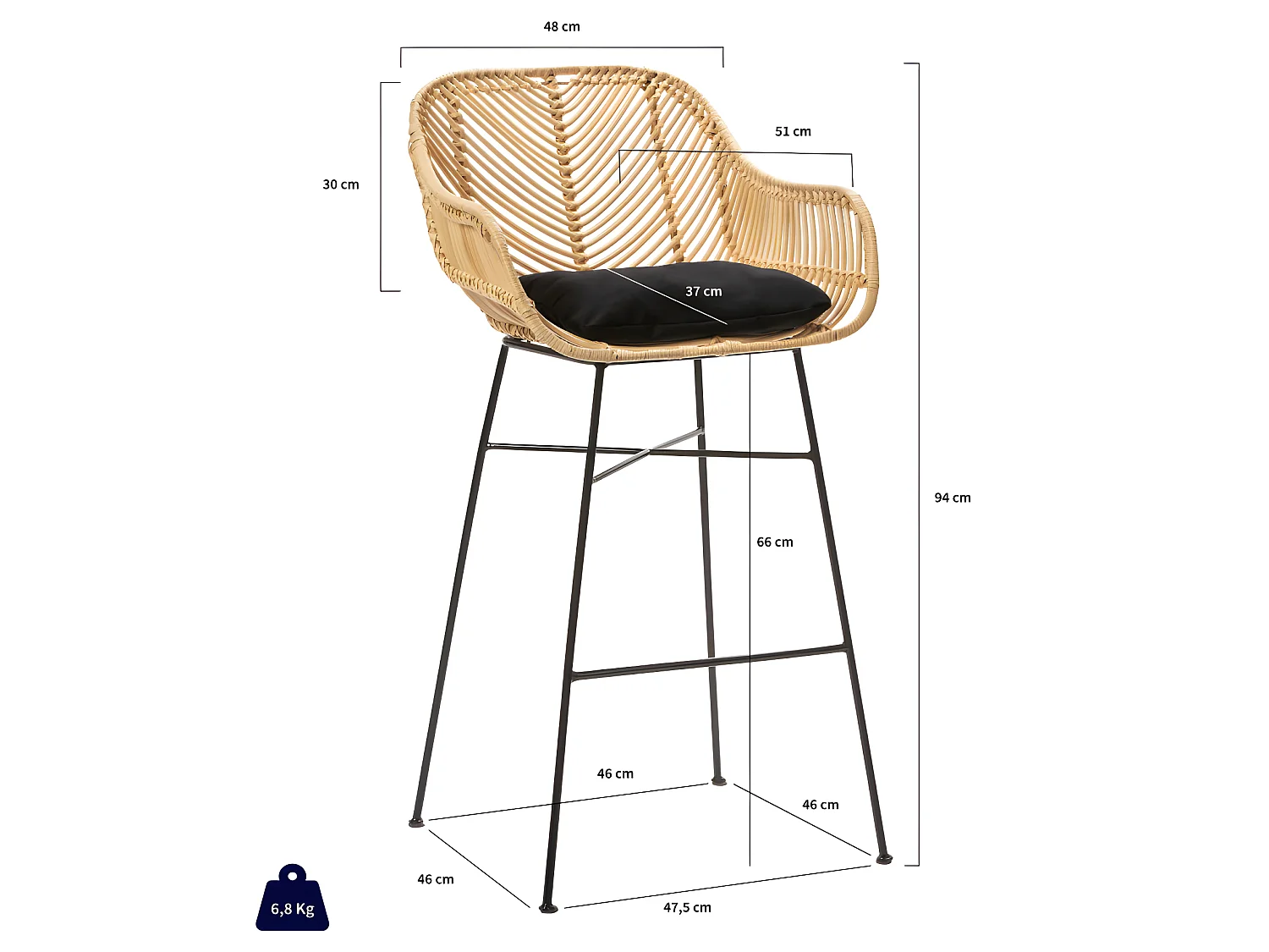 Nunuhai - Lot de 2 tabourets de bar en rotin H68cm - Naturel