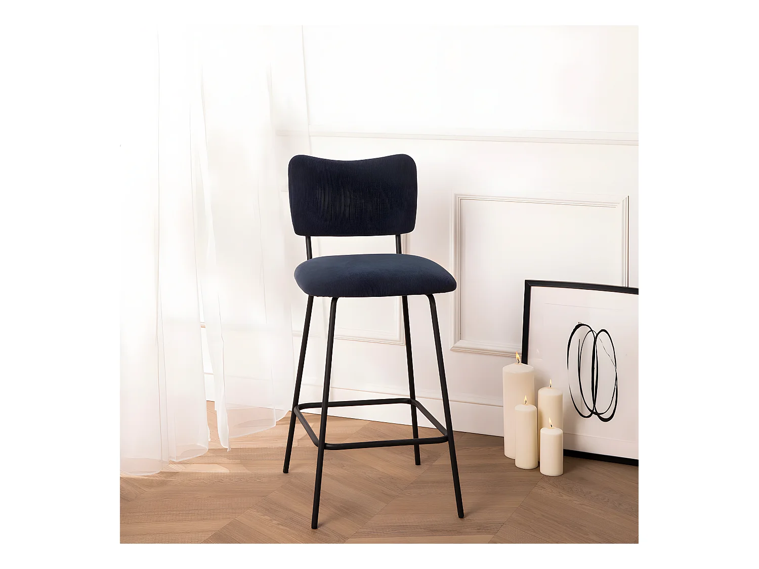 Vander - Lot de 2 chaises de bar en velours côtelé et métal H65cm - Ardoise
