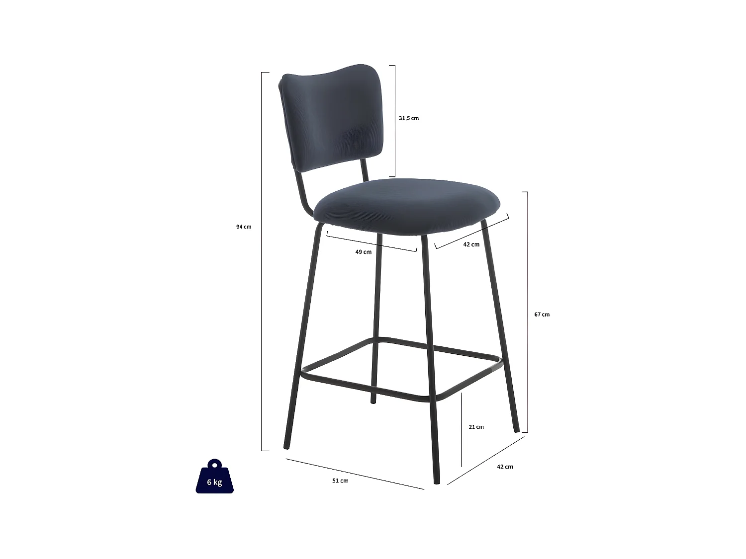 Vander - Lot de 2 chaises de bar en velours côtelé et métal H65cm - Ardoise