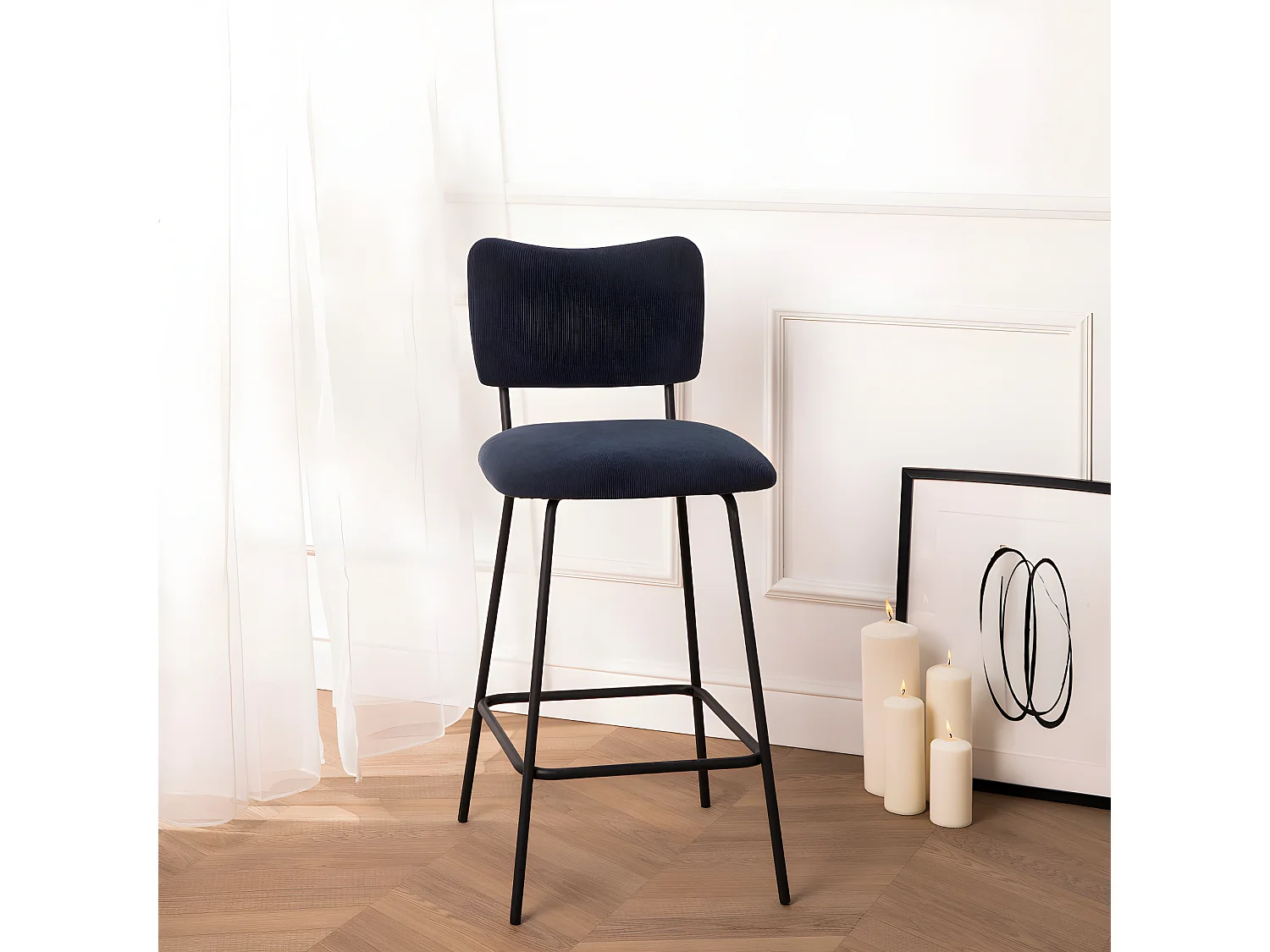 Vander - Lot de 2 chaises de bar en velours côtelé et métal H65cm - Ardoise